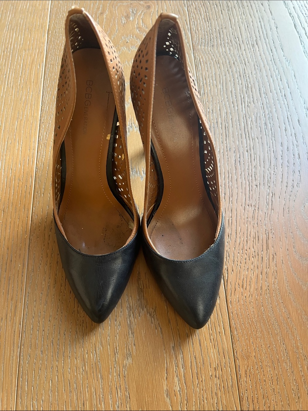 BCBG Two-Tone Black and Tan Pointed-Toe Heels